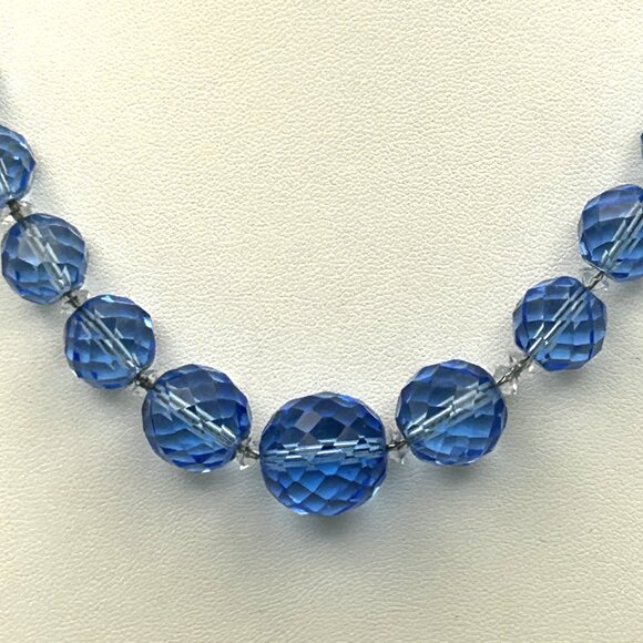 Vintage Czech Faceted Blue Glass Crystal Bead Necklace Graduated 16” - Picture 8 of 16